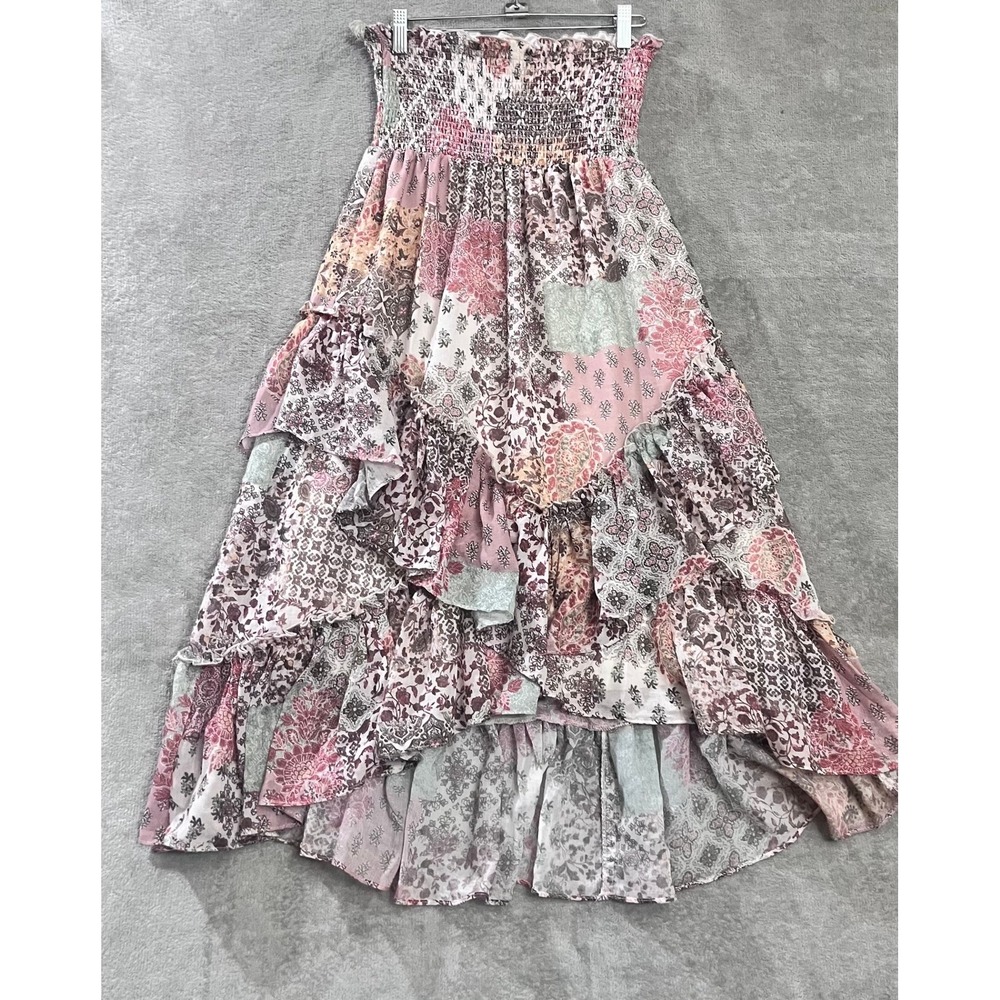 Patchwork‎ High Low Skirt Small Boho Smocked Fairy Peasant Tiered Whimsical